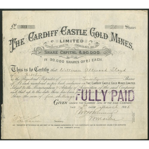4 - Australia: Cardiff Castle Gold Mines Limited, &pound;1 shares, 189[5], #321, black, stamped FULLY PA... 