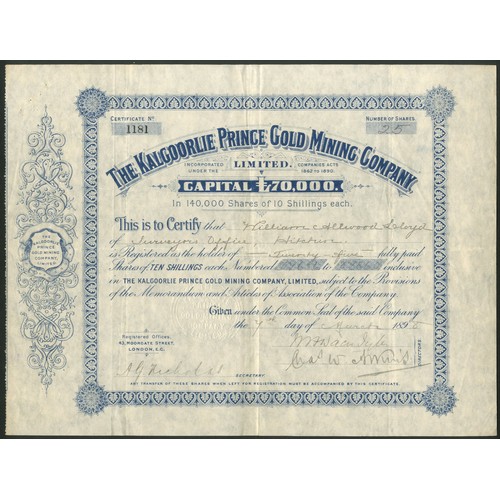 13 - Australia: Kalgoorlie Prince Gold Mining Company Limited, 10 shilling shares, 189[8], #1181, blue. R... 