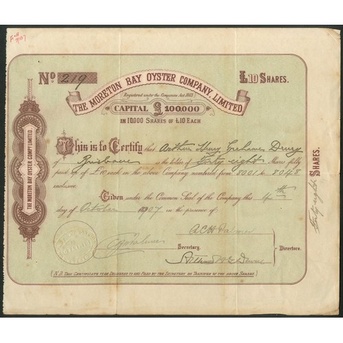 15 - Australia: Moreton Bay Oyster Company Limited, £10 shares, 189[07], #219, brown, green underprint. R... 