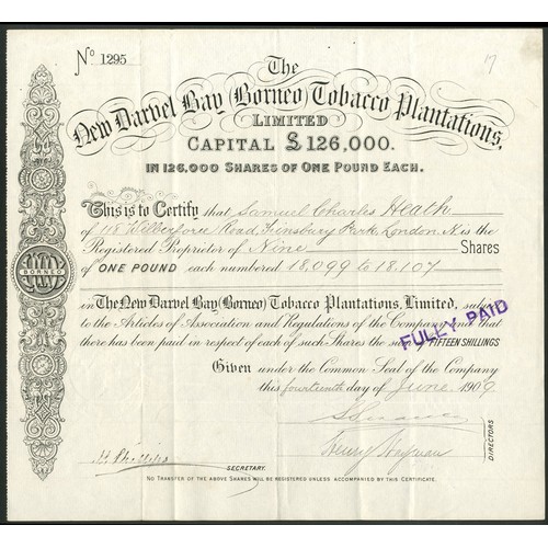 32 - Borneo: New Darvel Bay (Borneo) Tobacco Plantations Limited, £1 shares, 190[9], #1295, black, stampe... 