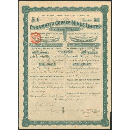 20 - Australia: Paramatta Copper Mines Limited, 1 share of &pound;1, 1[903], #13,468, green, text in Engl... 