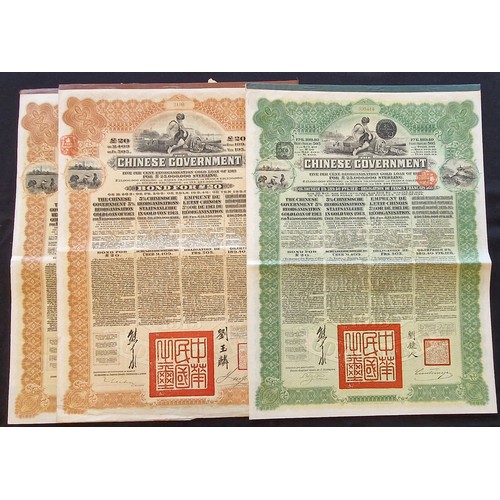 49 - China: 1913 5% Reorganisation Gold Loan, a group of 3 bonds for 409 marks, #175728, brown; £20, #219... 