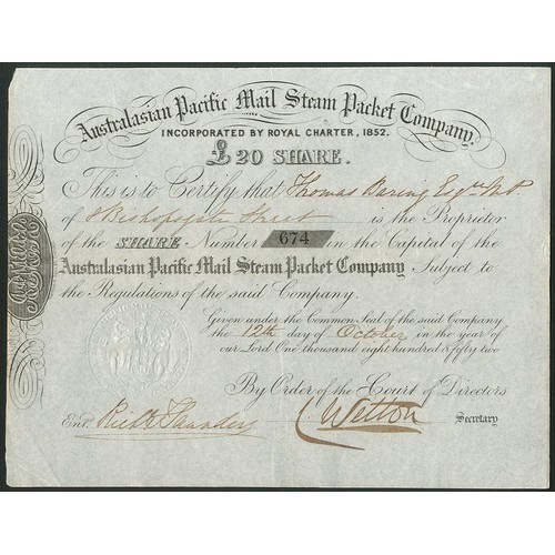3 - Australia: Australasian Pacific Mail Steam Packet Company, &pound;20 share, 1852, #674. Incorporated... 