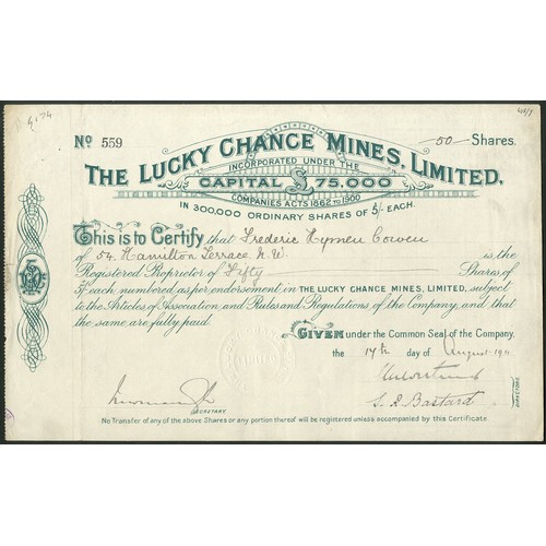 30 - New Zealand and Nigeria: Lucky Chance Mines Limited, 5/- ordinary shares, [1911], #559, green. Regis... 