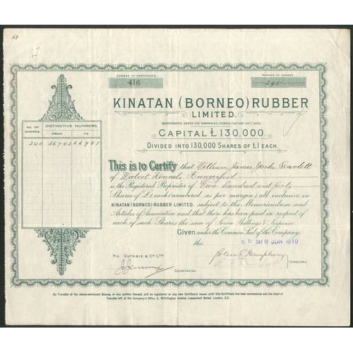 31 - Borneo: Kinatan (Borneo) Rubber Limited, 3 certificates for &pound;1 shares, [1910], #408, 415 and 4... 