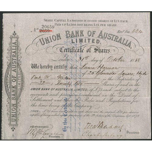 24 - Australia: Union Bank of Australia Limited, &pound;75 shares, 18[88], #20659, black on pink paper. A... 