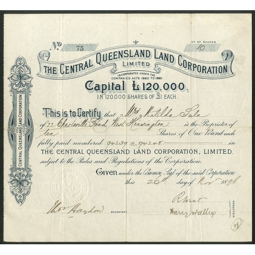 19 - Australia - Queensland: Central Queensland Land Corporation Ltd., £1 shares, 18[96], #75, blue/black... 
