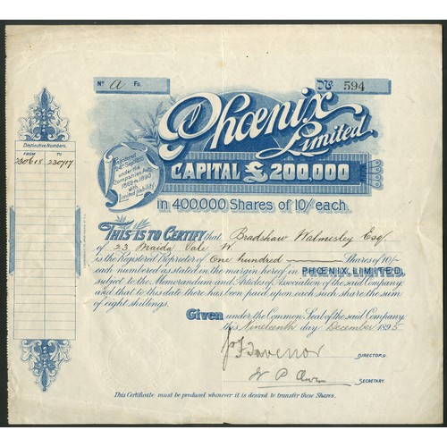 21 - Australia: Phoenix Limited, 10 shilling shares, 189[5], #594, blue. Registered 24th September 1895 a... 