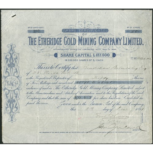 8 - Australia: Etheridge Gold Mining Company Limited, a pair of 5 shilling shares, 189[1], #181 and #113... 