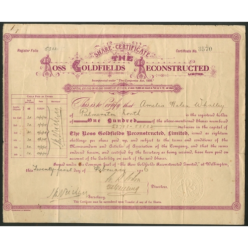 29 - New Zealand: Ross Goldfields Reconstructed Limited, £1 shares, Wellington 191[6], #534, purple. Loca... 