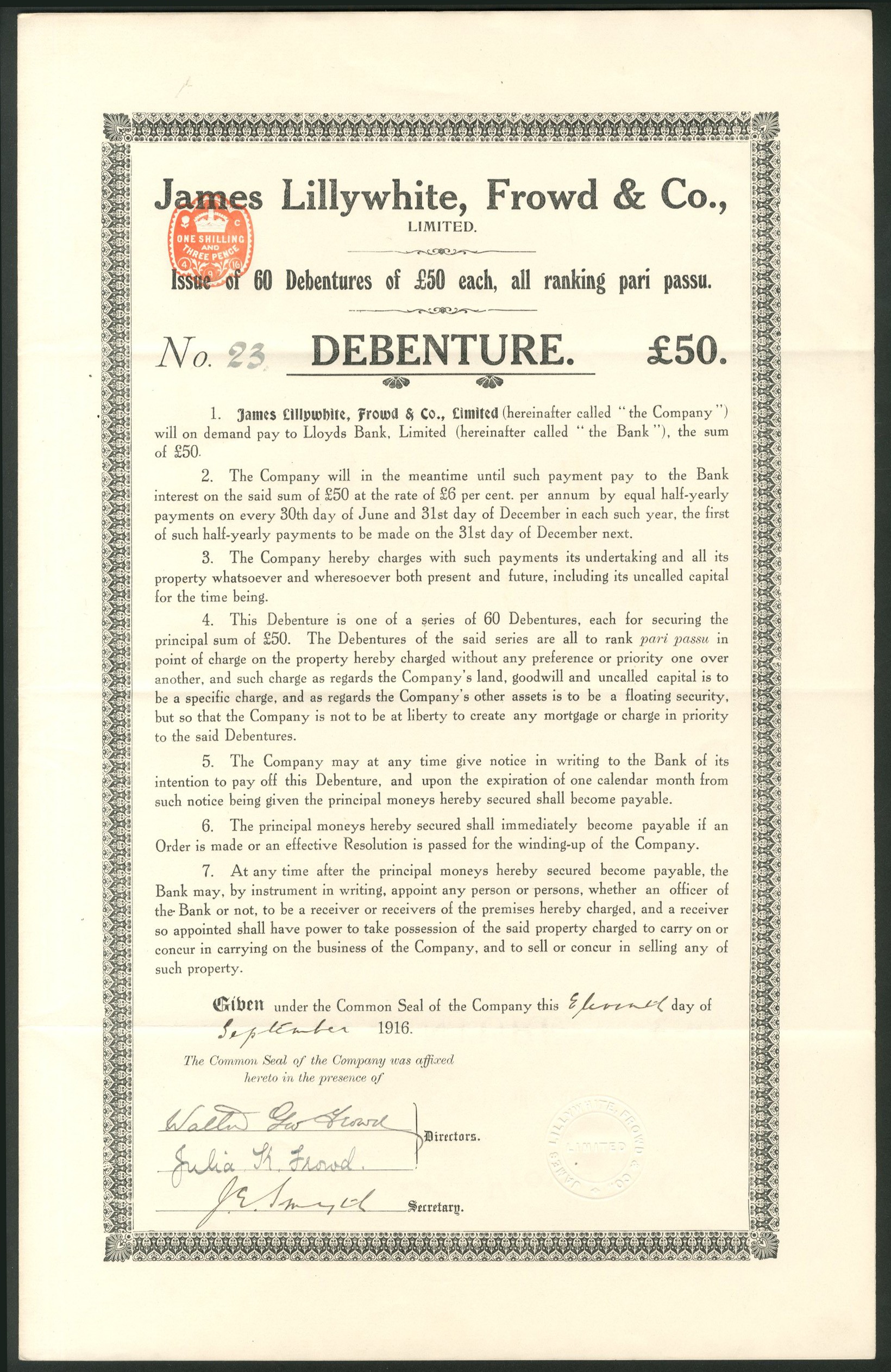 Great Britain: James Lillywhite, Frowd & Co. Ltd., £50 debenture, 1916 ...