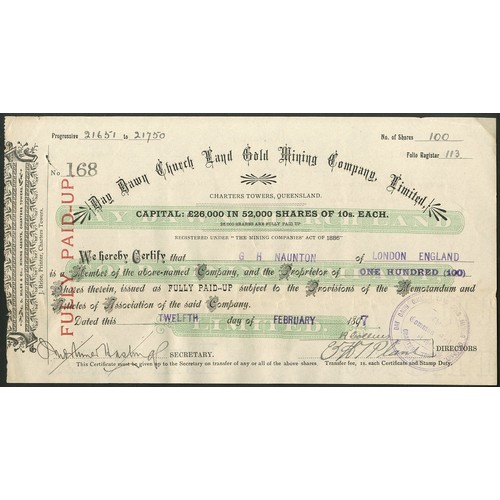 6 - Australia: Day Dawn Church Land Gold Mining Company Limited, 10 shilling shares, 189[7], #168, black... 