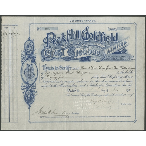 41 - Australia: Peak Hill Goldfield Limited., 4/- deferred shares, 190[10], #1356, blue. Formed to acquir... 