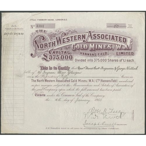 37 - Australia: North Western Associated Gold Mines (W.A.) Ltd., &pound;1 shares, 19[00], #1391, mauve. M... 