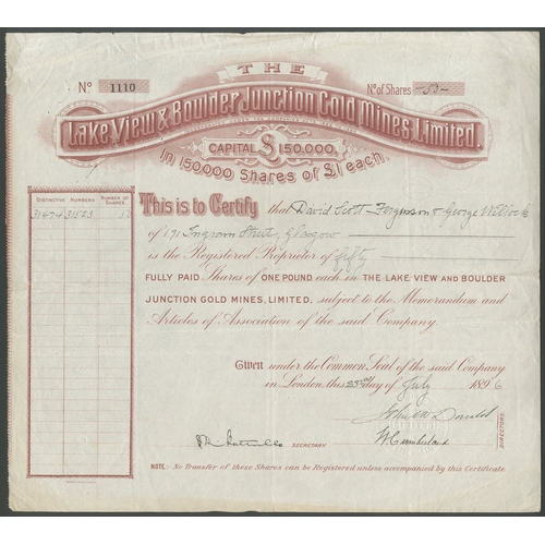 30 - Australia: Lake View and Boulder Junction Gold Mines Ltd., &pound;1 shares, 189[6], #1110, red/brown... 