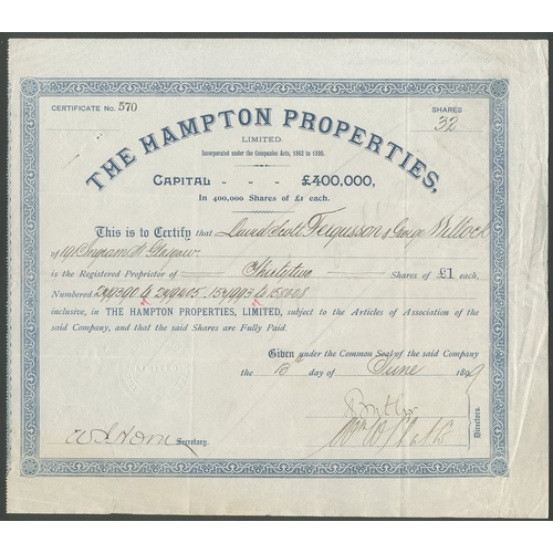 22 - Australia: Hampton Properties Limited., &pound;1 shares, 189[9], #570, ornate border, blue. VF.... 
