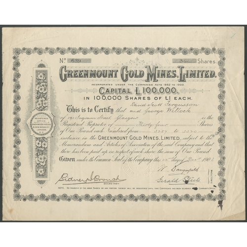 20 - Australia: Greenmount Gold Mines Limited., &pound;1 shares, 190[3], #639, ornate border, black. Regi... 