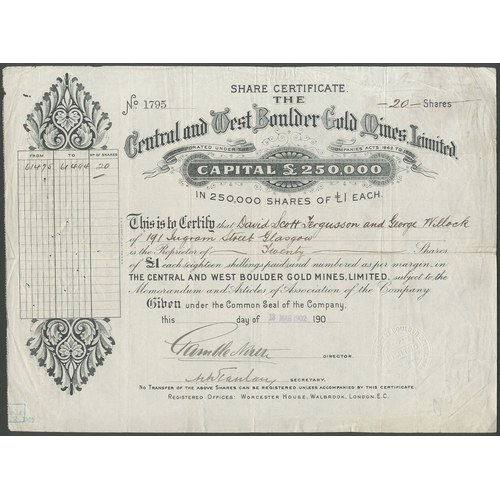 13 - Australia: Central and West Boulder Gold Mines Limited., &pound;1 shares, 190[2], #1795, black. Regi... 