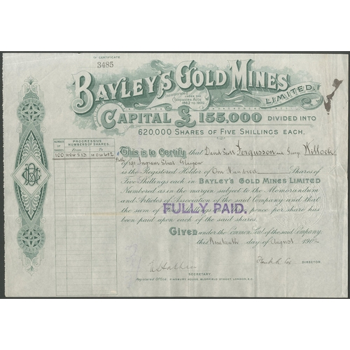 10 - Australia: Bayley's Gold Mines Limited., 5/- shares, 190[2], #3485, green. Registered 6th June 1901 ... 