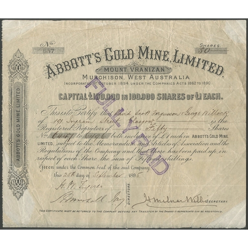 4 - Australia: Abbott's Gold Mine Limited., &pound;1 share, 189[5], #657, black. 12 acres on Mount Vrani... 