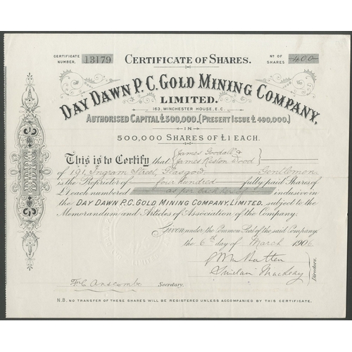 16 - Australia: Day Dawn P. C. Gold Mining Company Ltd., &pound;1 shares, 190[6], #13179, black. Gold min... 