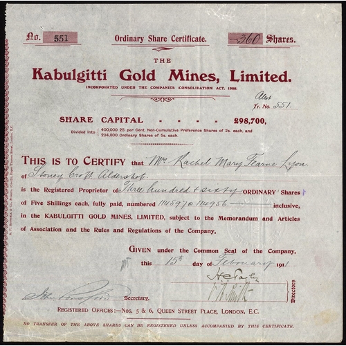 102 - India: Kabulgitti Gold Mines Limited., 5/- ordinary shares, 191[1], #352, fully paid, dark red. VF.... 