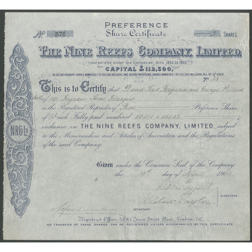 103 - India: Nine Reefs Company Limited., 5/- preference shares, 190[2], #575, blue with scrollwork. Volun... 