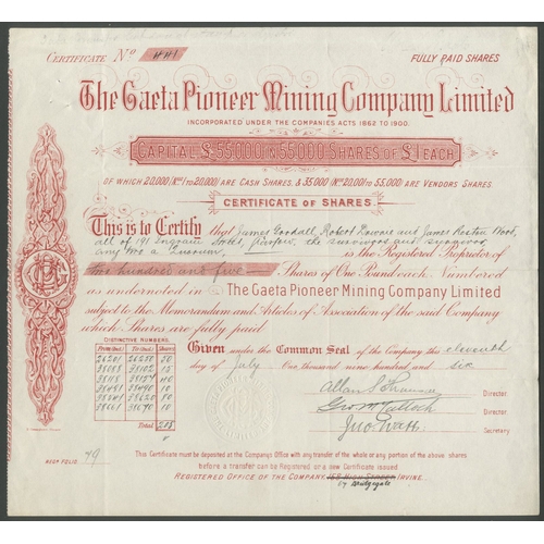 18 - Australia: Gaeta Pioneer Mining Company Ltd., £1 shares, 190[6], #441, red. Registered in Edinburgh ... 