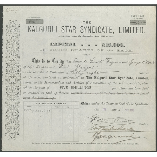 27 - Australia: Kalgurli Star Syndicate Limited., 5/- shares, [1899], #194, black. Registered 16th Novemb... 