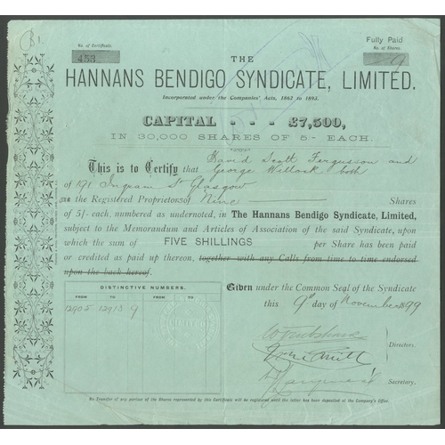 24 - Australia: Hannans Bendigo Syndicate Ltd., 5/- shares, [1899], #453, black on green paper. Registere... 