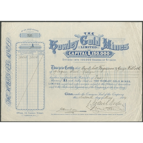 26 - Australia: Howley Gold Mines Limited, &pound;1 shares, 189[9], #725, blue. Registered 20th July 1897... 