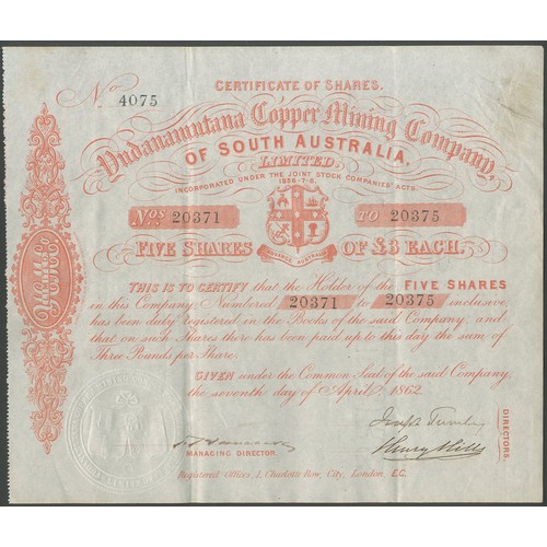 51 - Australia: Yudanamutana Copper Mining Company of South Australia, 5 shares of &pound;3, 1862, #4075,... 