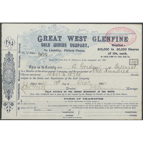 19 - Australia: Great West Glenfine Gold Mining Company NL, 10 shilling shares, 189[1901], #969, blue. Mi... 
