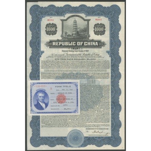 82 - China: 1937 Secured Sinking Fund Bond (Pacific Development Loan), bond for $1000, #M4081, pagoda at ... 