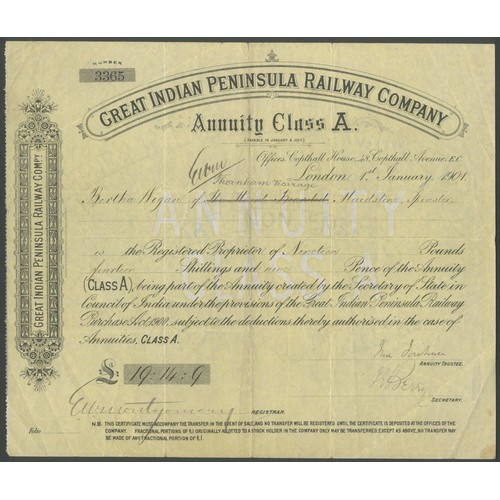 101 - India: Great Indian Peninsula Railway Company, Annuity Class A, London, 1901, #3365, black, yellow u... 