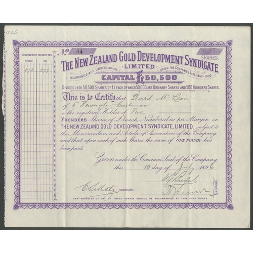 54 - New Zealand: New Zealand Gold Development Syndicate Ltd., a pair of certificates; &pound;1 ordinary ... 