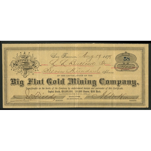 575 - U.S.A.: Big Flat Gold Mining Company, California, $100 shares, San Francisco 187[8], #58, small form... 