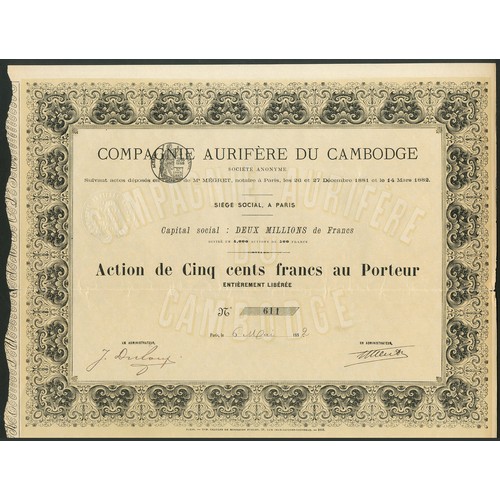 92 - French Indochina: Compagnie Aurifère du Cambodge, 500 franc share, Paris 188[2], #611, black with ye... 