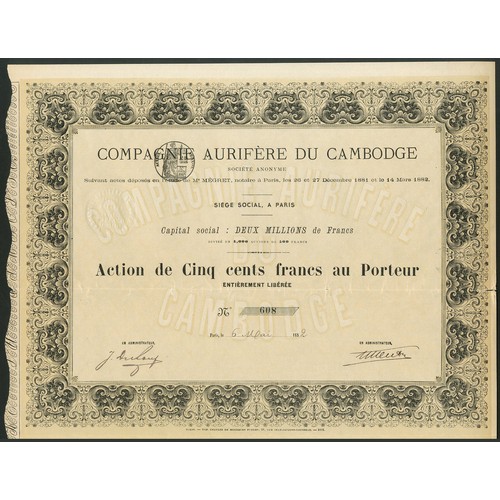 91 - French Indochina: Compagnie Aurifère du Cambodge, 500 franc share, Paris 188[2], #608, black with ye... 