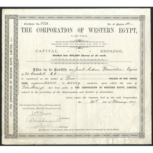 118 - Egypt: Corporation of Western Egypt Limited, £1 shares, part paid, 190[7], #1024, black. An English ... 