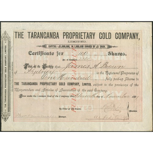 45 - Australia: Taranganba Proprietary Gold Company Ltd., £1 shares, 188[9], #2360, black with pink under... 