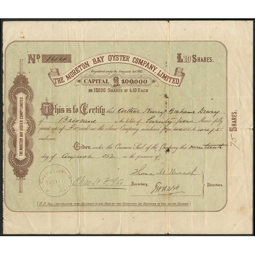 33 - Australia: Moreton Bay Oyster Company Limited, £10 shares, 189[2], #144, brown, green underprint. Re... 