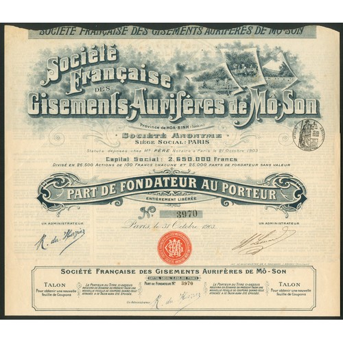 95 - French Indochina: Société Française des Gisements Auriféres de Mo-Son, founders share, 1903, #3970, ... 