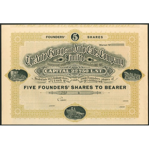 116 - Egypt: Auto-Garage and Auto-Cabs Company Limited, 5 founders shares, c.1906, a probable specimen wit... 