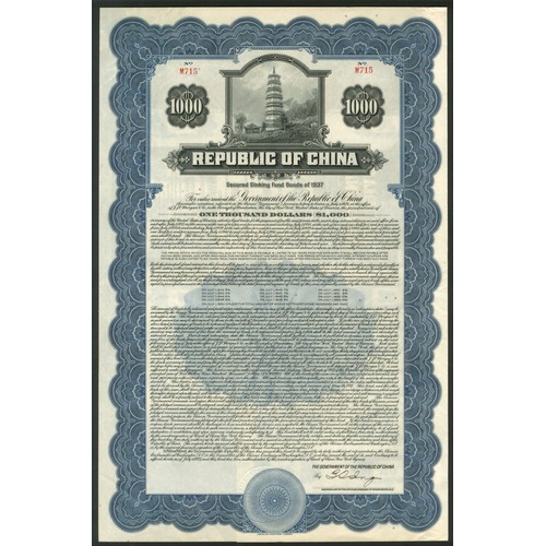 83 - China: 1937 Secured Sinking Fund Bond (Pacific Development Loan), bond for $1000, #M715, pagoda at t... 