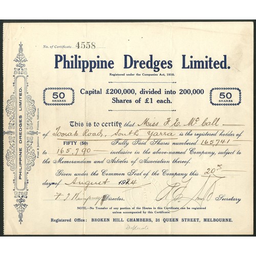 112 - Philippines: Philippine Dredges Limited, 50 shares of £1, 191[24], #4558, blue. Registered in Victor... 