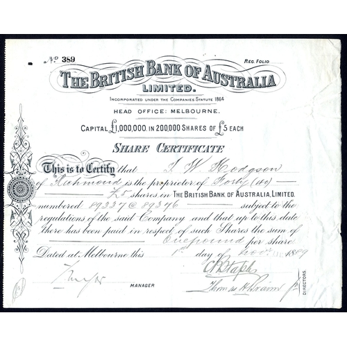 12 - Australia: British Bank of Australia Limited, £5 shares, 18[89], #389, scrollwork left, black. Incor... 