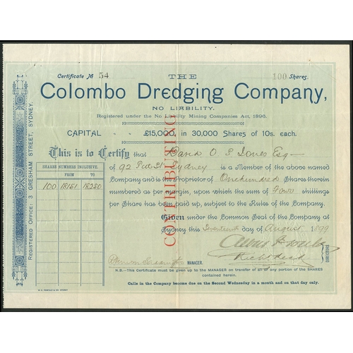 14 - Australia: Colombo Dredging Company No Liability, 10 shilling shares, 1[899], #54, blue with blue un... 