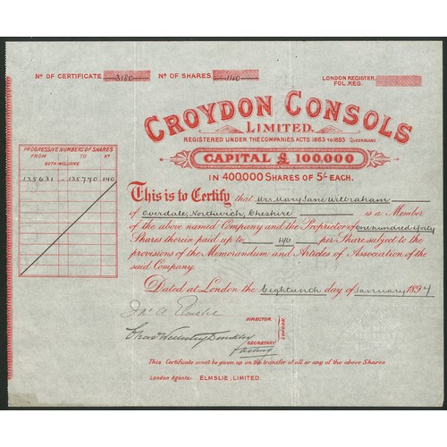 15 - Australia: Croydon Consols Limited, 5/- shares, part paid, 189[7], #3180, red. Registered June 1895 ... 