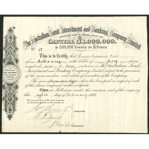 8 - Australia: Australian Land, Investment and Banking Company Limited, £5 shares, 18[88], #17, scrollwo... 